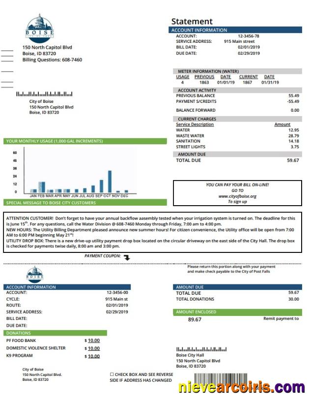 USA Idaho Boise City of Trees water utility bill
